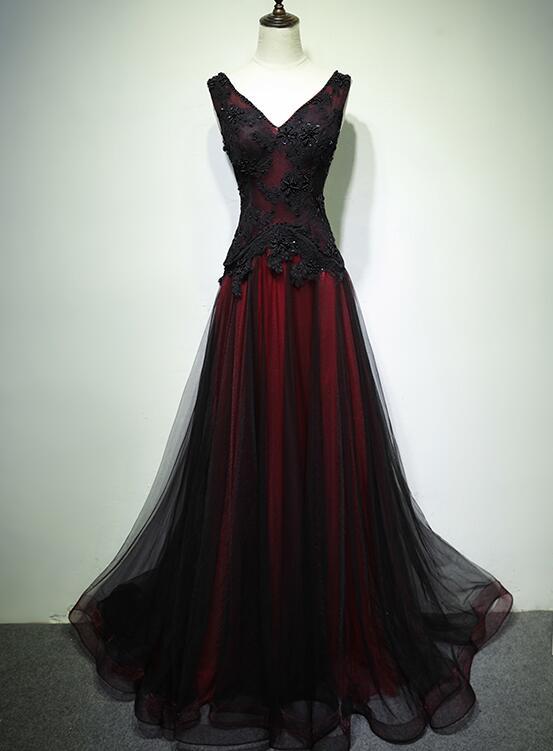 Vestido largo de fiesta de tul negro y rojo con escote en V y encaje con cuentas, vestido de noche formal de corte A