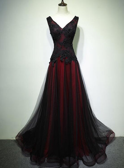 Vestido largo de fiesta de tul negro y rojo con escote en V y encaje con cuentas, vestido de noche formal de corte A
