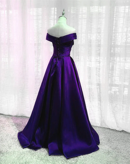Vestido de fiesta largo de satén morado con hombros descubiertos, corte A, sencillo, para mujer.