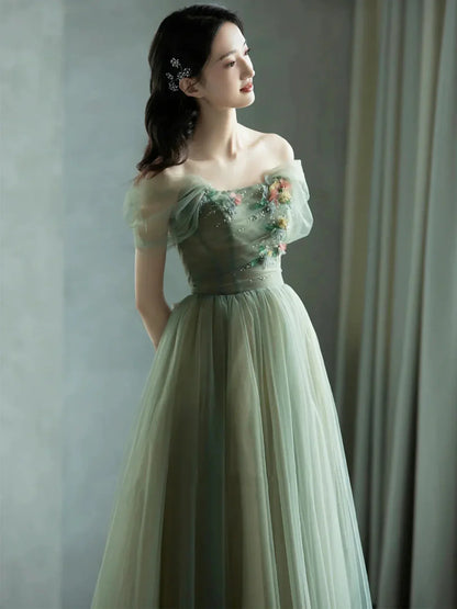 Green beautiful charming floral applique tulle long formal prom dress, evening dress, party dress gh2530