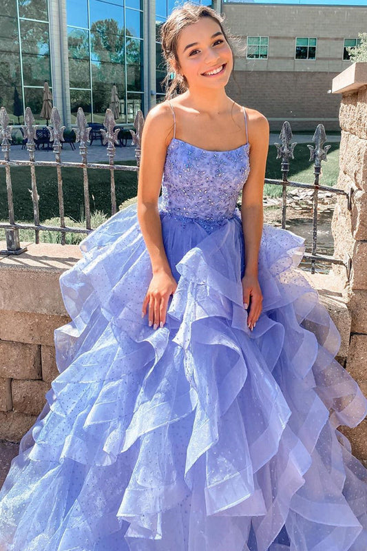 Princess Lavender Long Prom Dress Tiered Ruffles Graduation Gown GP269
