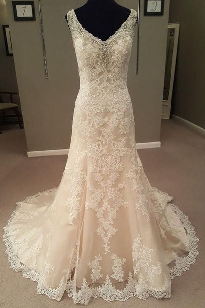 Vestido de novia largo color champán con encaje y corte sirena, vestido de novia de ensueño