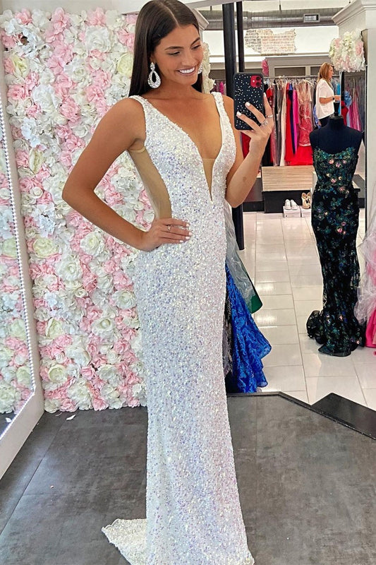 Vestido formal largo de sirena con escote en V y lentejuelas blancas, vestidos de fiesta brillantes