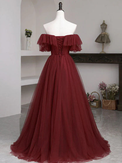 Vestido de fiesta largo sencillo de tul burdeos con corte en A, vestidos de cumpleaños con hombros descubiertos