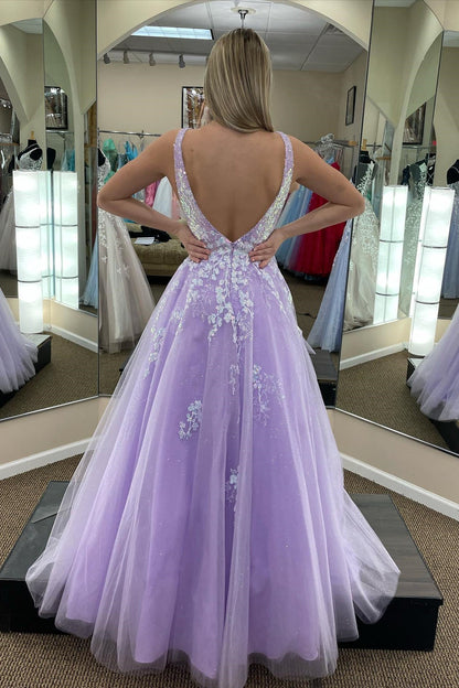 Vestidos de fiesta largos de tul lila con escote en V, espalda descubierta y apliques