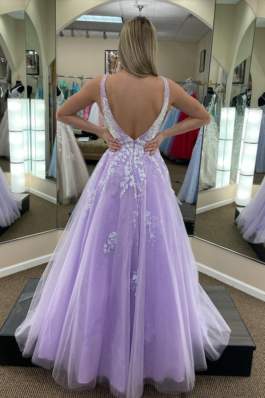 Vestidos de fiesta largos de tul lila con escote en V, espalda descubierta y apliques