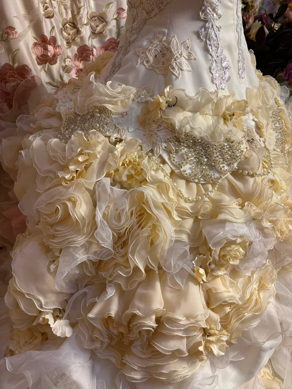 Hermoso vestido de noche de quinceañera sin tirantes con volantes, corte A, para quinceañeras, TP4283