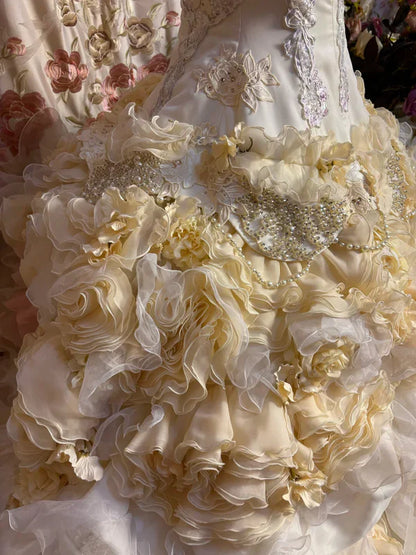 Hermoso vestido de noche de quinceañera sin tirantes con volantes, corte A, para quinceañeras, TP4283