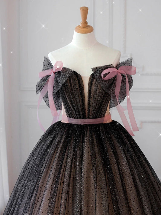 Vestido de fiesta largo de tul negro con hombros descubiertos, vestido formal de tul negro