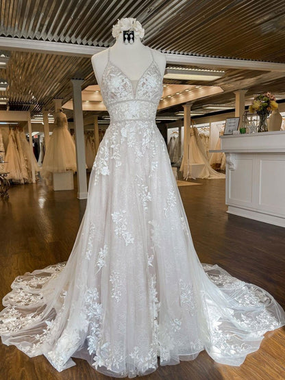 Vestido de fiesta largo de tul con escote en V y encaje único, vestido de novia de encaje