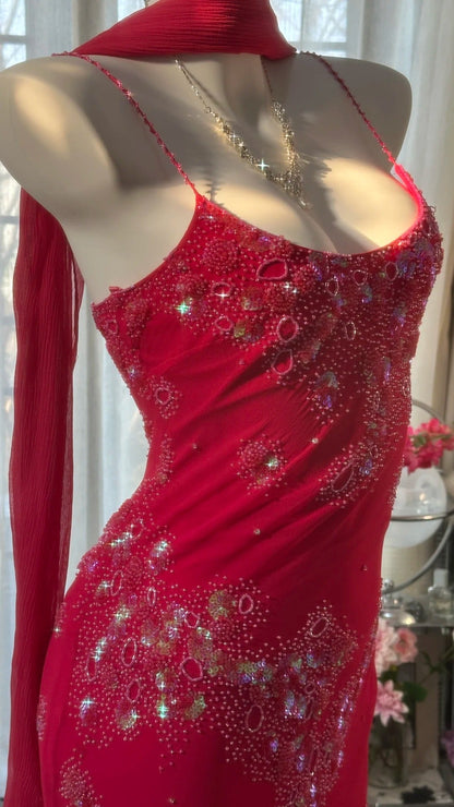 Red Romantic Gorgeous Fashion Elegant Exquisite Beaded Long Chiffon Ball Gown Evening Dress Birthday/Wedding Guest/Vacation Party Dress Prom Dress Valentine's Day Date Dress gh4027