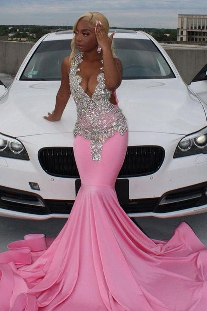 Elegante vestido de fiesta de sirena rosa con cola de corte y cristales plateados negros para mujer