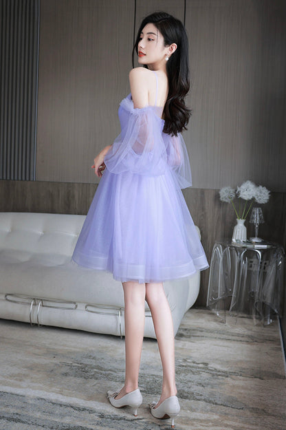 Purple Spaghetti Strap Tulle Short Prom Dress, Cute Homecoming Party Dress