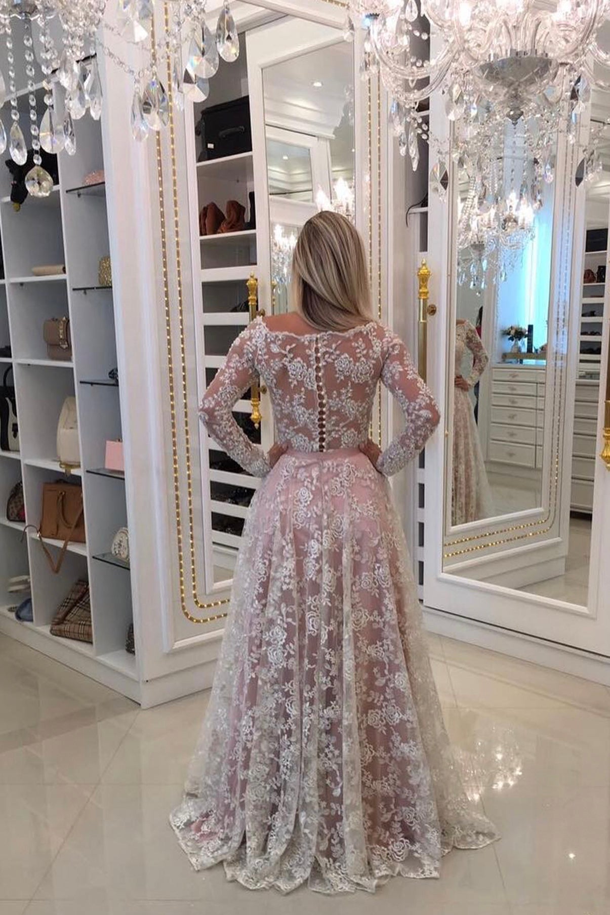 A-Line Lace Long Sleeve Prom Dress, Elegant Lace Evening Party Dress