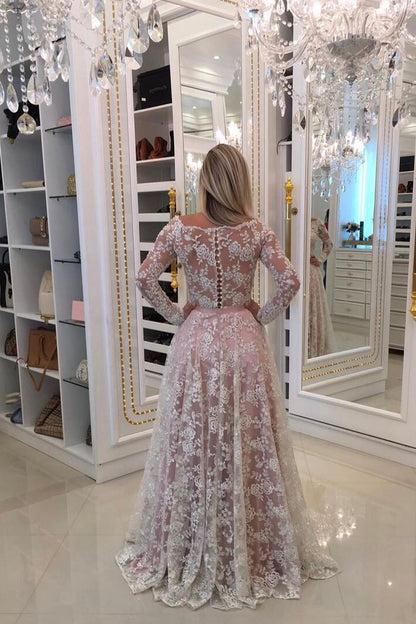 A-Line Lace Long Sleeve Prom Dress, Elegant Lace Evening Party Dress