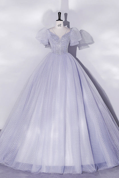 Beautiful Light Blue Tulle Sequins Prom Dress, Scoop Neck Short Sleeve Puffy Floor-Length Evening Dress
