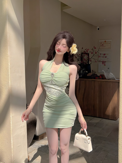 New Style Light Green Appliqued Tight Design A-line Halter Homecoming Dress TP3704