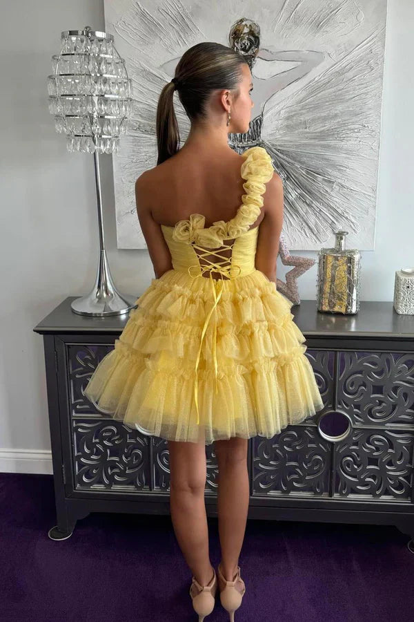 Cute Yellow One-shoulder Tiered Ruffle Design A-line Short Homecoming Dress TP3588