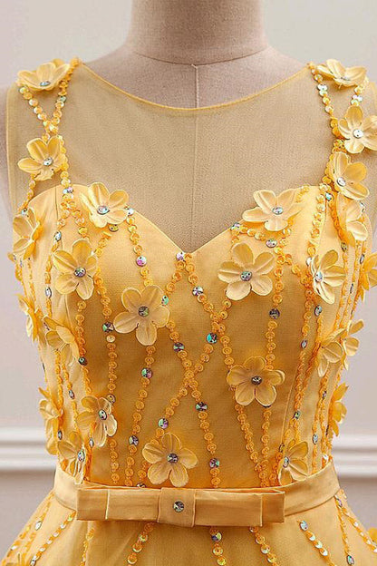 A-Line  Yellow Tulle Long Prom Dress With 3D Flowers,WP281