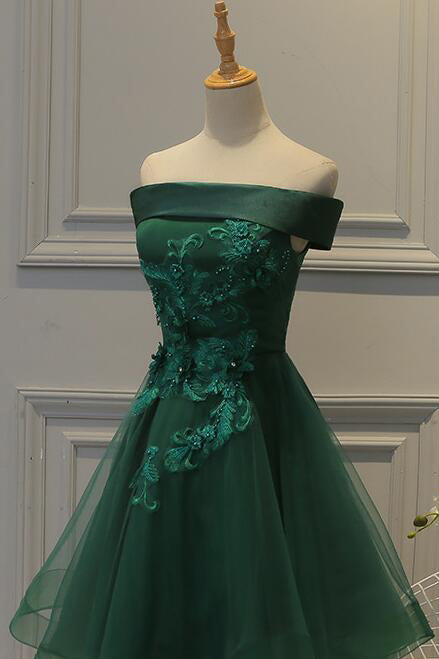 Off Shoulder Dark Green Short Party Dress, Tulle Homecoming Dress GM395