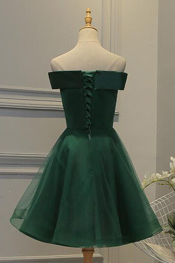 Off Shoulder Dark Green Short Party Dress, Tulle Homecoming Dress GM395