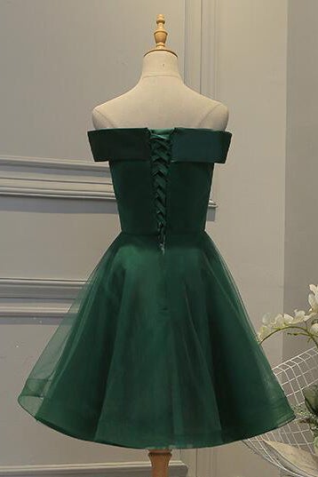Vestido de fiesta corto verde oscuro con hombros descubiertos, vestidos de fiesta de tul