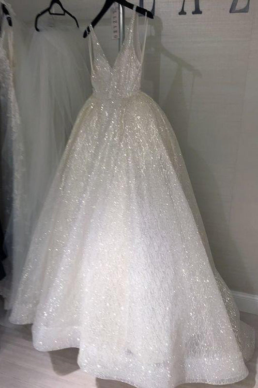Sparkly Tulle V Neck  Long Prom Dress Backless Wedding Dress,WP046