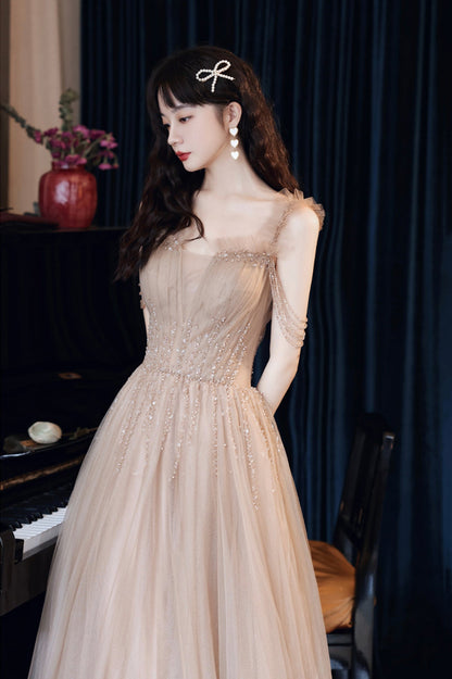 Cute Tulle Long Prom Dress with Beaded,  A-Line Off the Shoulder Evening Dress