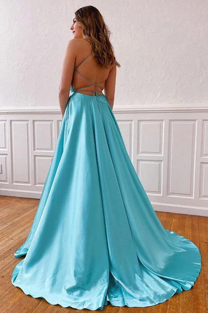 A Line Spaghetti Straps Satin Prom Dress With High Split,WP116