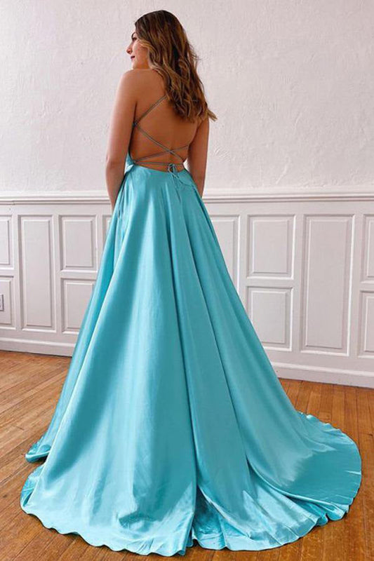 A Line Spaghetti Straps Satin Prom Dress With High Split,WP116