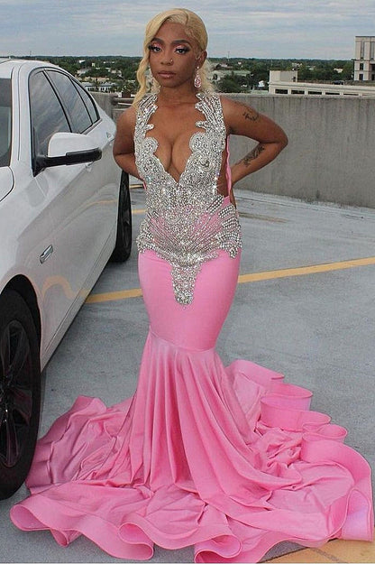 Elegante vestido de fiesta de sirena rosa con cola de corte y cristales plateados negros para mujer