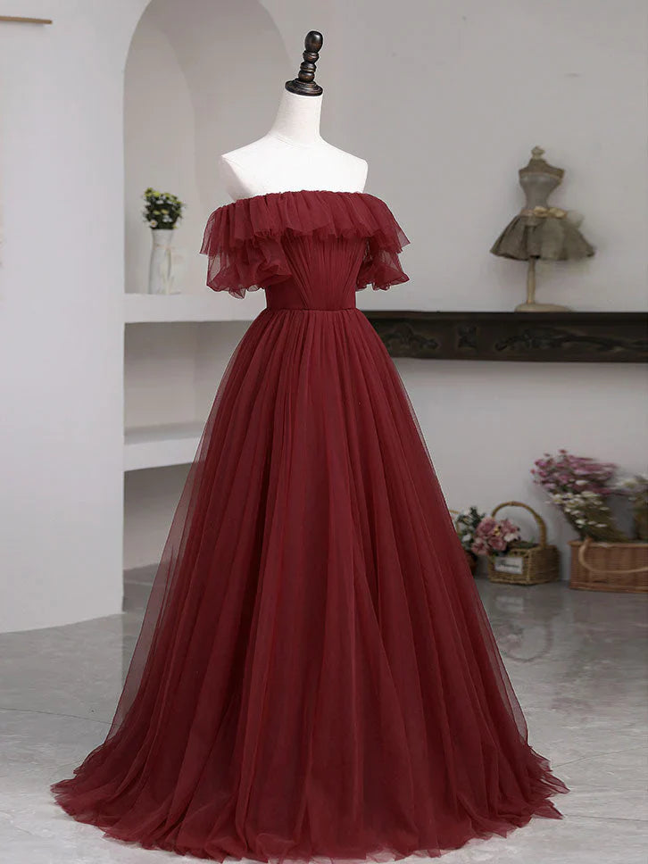 Vestido de fiesta largo sencillo de tul burdeos con corte en A, vestidos de cumpleaños con hombros descubiertos