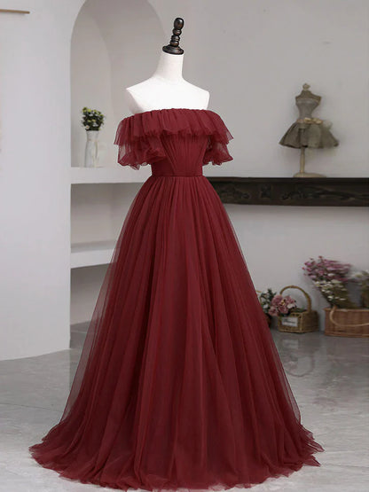 Vestido de fiesta largo sencillo de tul burdeos con corte en A, vestidos de cumpleaños con hombros descubiertos