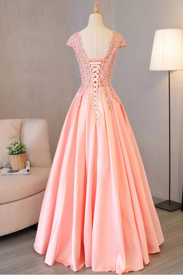 A Line Cap Sleeve Pink Satin Prom Dress Lace Top Evening Dress,WP115