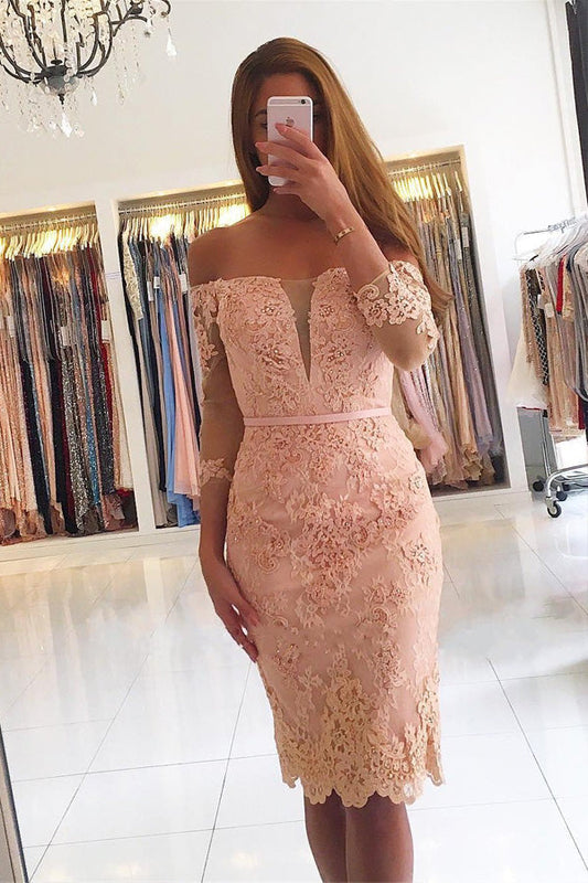 Sheath 3/4 Sleeve Short Prom Dress Lace Homecoming Dress,WP186