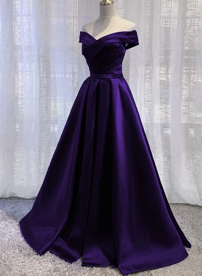 Vestido de fiesta largo de satén morado con hombros descubiertos, corte A, sencillo, para mujer.