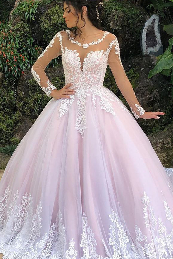 Vestido de novia princesa de manga larga, corte A, color rosa y encaje