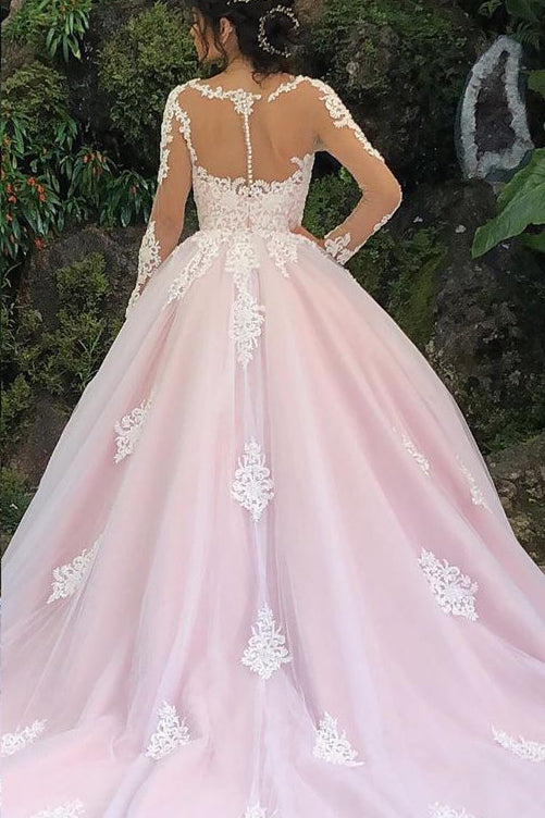 Vestido de novia princesa de manga larga, corte A, color rosa y encaje