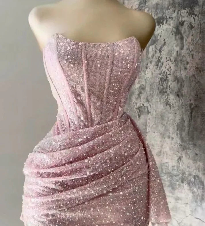 Cute Pink Shiny Sequin Strapless Bodycon Short Party Dress Cocktail Dress Homecoming Dress TP4369