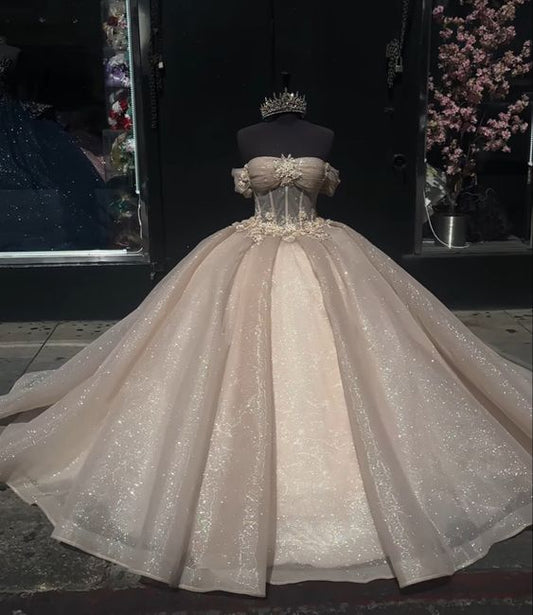 Elegante vestido de quinceañera de tul con hombros descubiertos, brillante, color champán, corte A, para fiesta de graduación, cumpleaños, noche, baile, TP4529