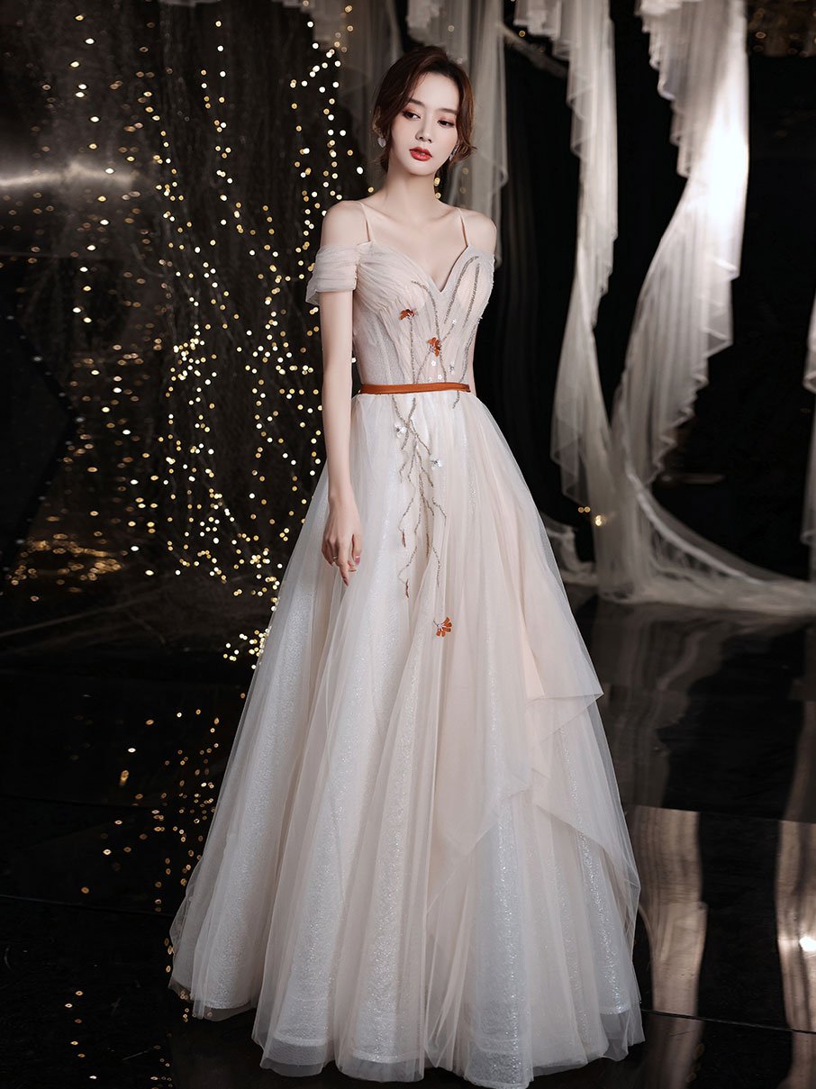 Vestido de fiesta largo de tul con escote en forma de corazón color champán, vestido de noche color champán