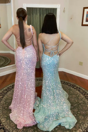 One Shoulder Backless Pink Long Prom Dresses With Slit, Sequined Evening Gown GP405