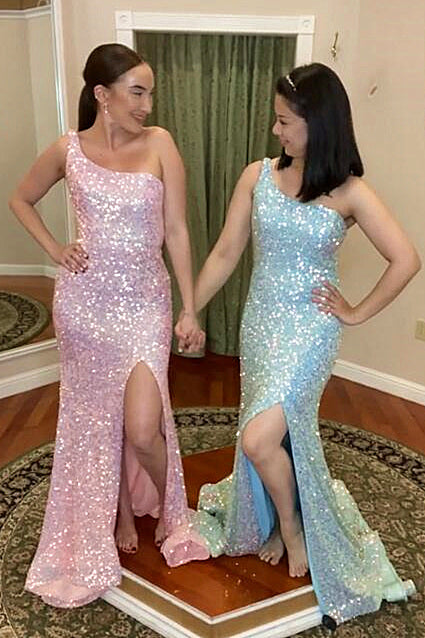 One Shoulder Backless Pink Long Prom Dresses With Slit, Sequined Evening Gown GP405