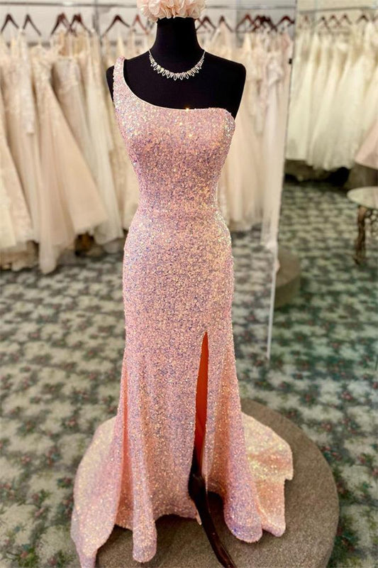 One Shoulder Backless Pink Long Prom Dresses With Slit, Sequined Evening Gown GP405