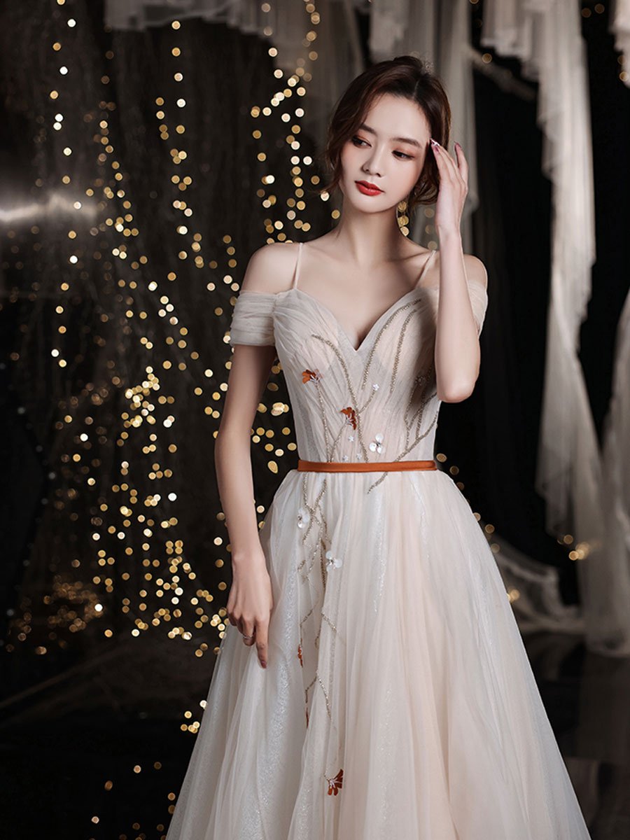 Vestido de fiesta largo de tul con escote en forma de corazón color champán, vestido de noche color champán