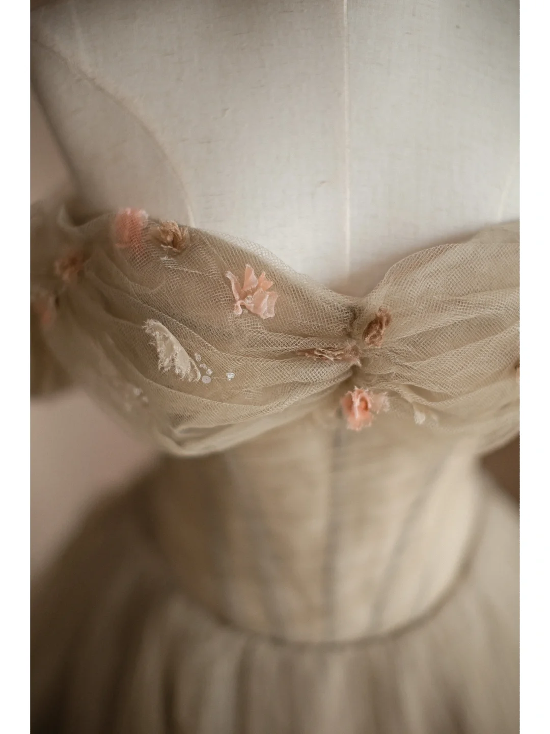 Light Camel A Line Off the Shoulder Floral Tulle Long Party Dress Prom Dress Formal Dress SH3855