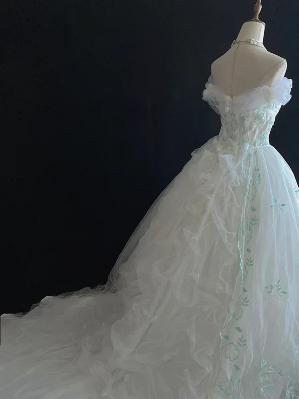 Vestido de noche de quinceañera con bordado retro, hombros descubiertos, de gasa y tul, corte A, TP4281