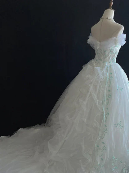 Vestido de noche de quinceañera con bordado retro, hombros descubiertos, de gasa y tul, corte A, TP4281
