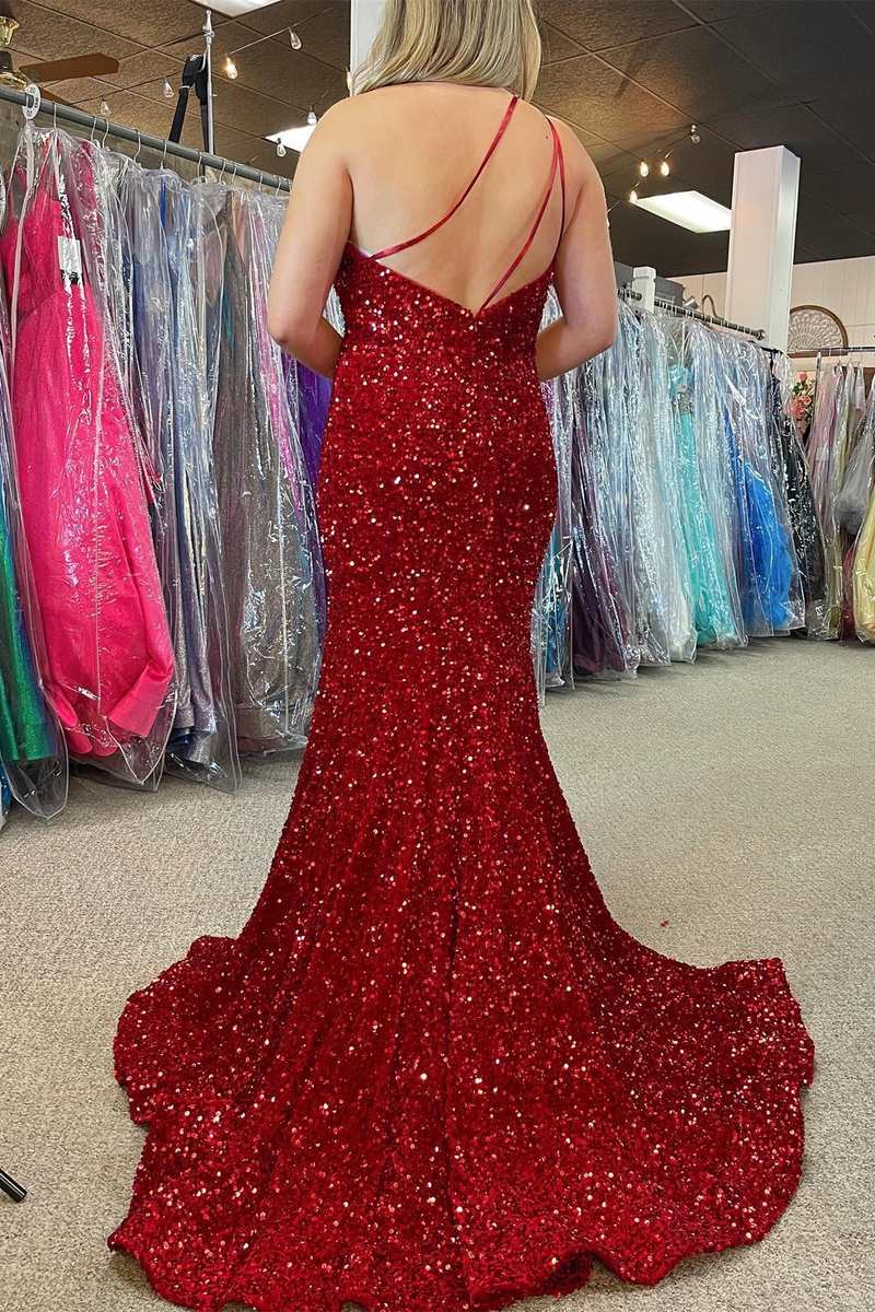 Vestidos de fiesta largos de sirena con un solo hombro, lentejuelas rojas, sin espalda, talla grande