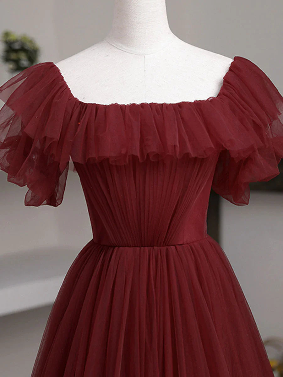 Vestido de fiesta largo sencillo de tul burdeos con corte en A, vestidos de cumpleaños con hombros descubiertos